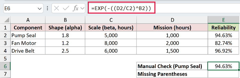 =EXP(-((D2/C2)^B2)) in E6