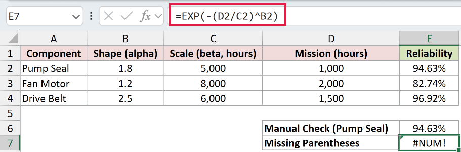 =EXP(-(D2/C2)^B2) in E7