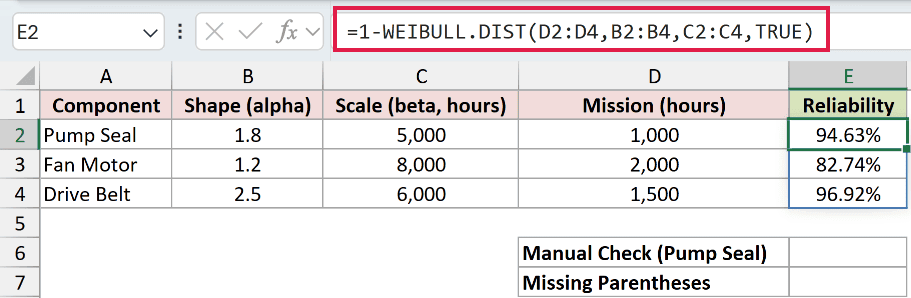 =1-WEIBULL.DIST(D2:D4,B2:B4,C2:C4,TRUE) in E2