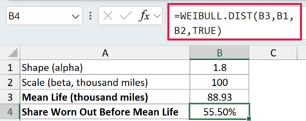 =WEIBULL.DIST(B3,B1,B2,TRUE) in B4