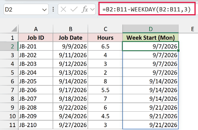 WEEKDAY formula in D2 returning the Monday each job's week starts on