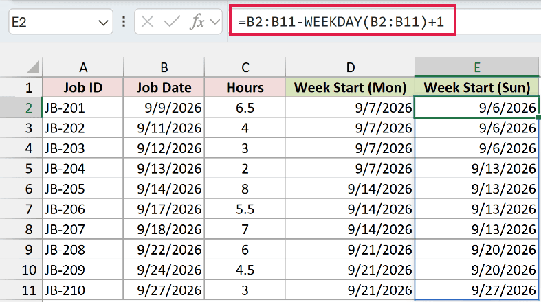 Second WEEKDAY formula in E2 returning the Sunday each job's week starts on