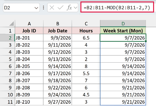 MOD formula in D2 returning the Monday each job's week starts on