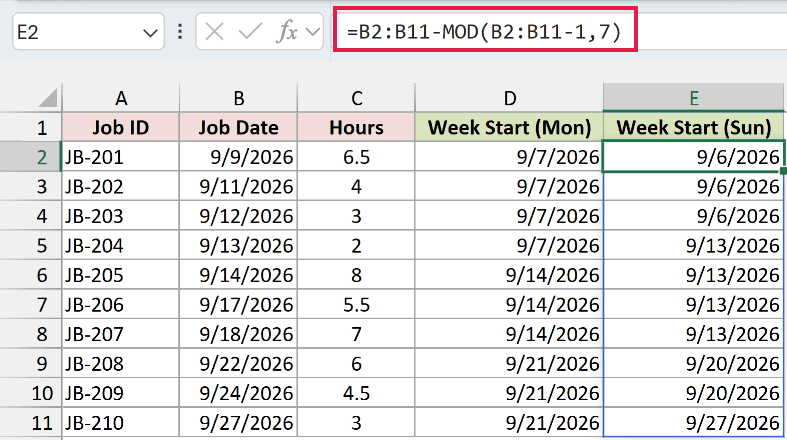 MOD formula in E2 returning the Sunday each job's week starts on