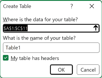 Create Table dialog with the range A1:C11 and My table has headers checked