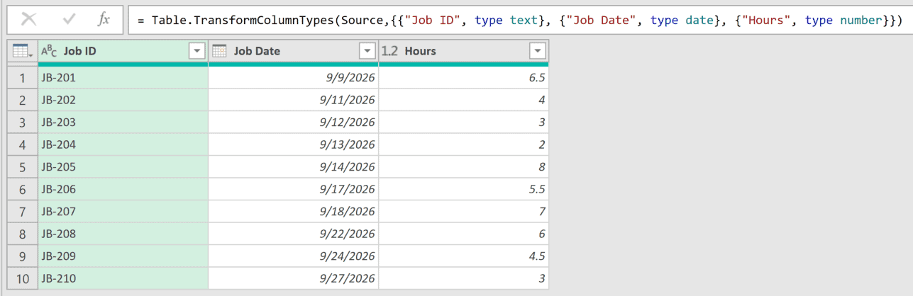 Changed Type step with the Job Date column set to the Date type