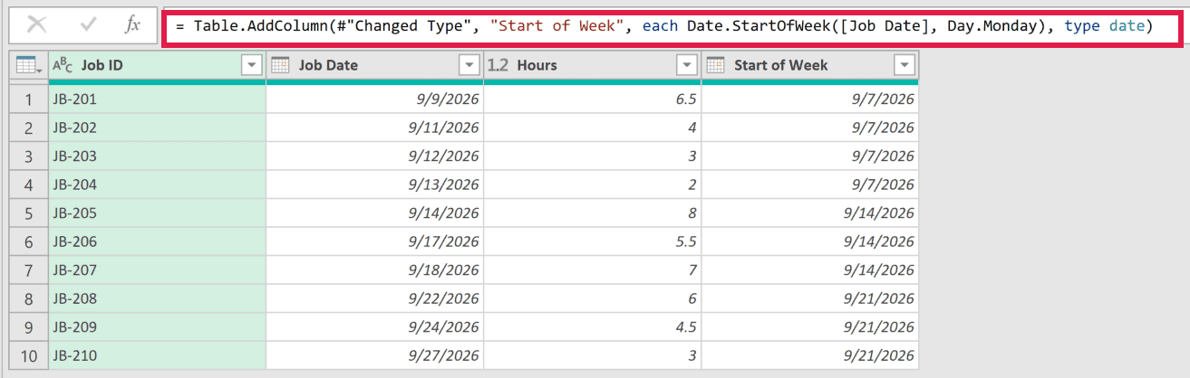 Start of Week step edited to use Day.Monday, returning the Monday of each week
