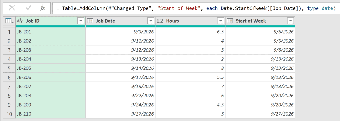 Start of Week column added by Power Query, using the default first day of the week