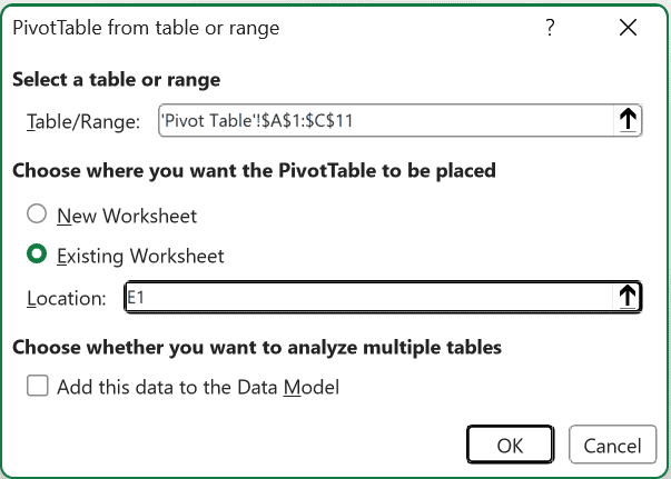 PivotTable from table or range dialog with Existing Worksheet and location E1
