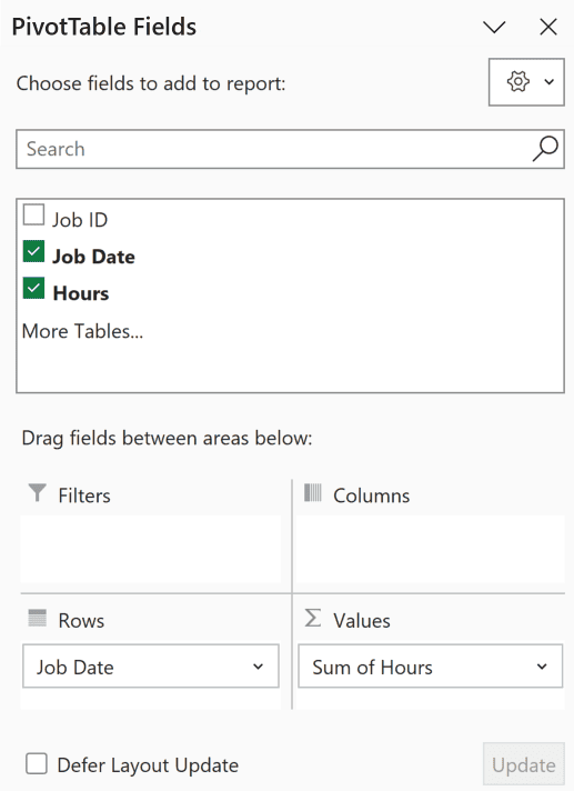 PivotTable Fields pane with Job Date in Rows and Sum of Hours in Values
