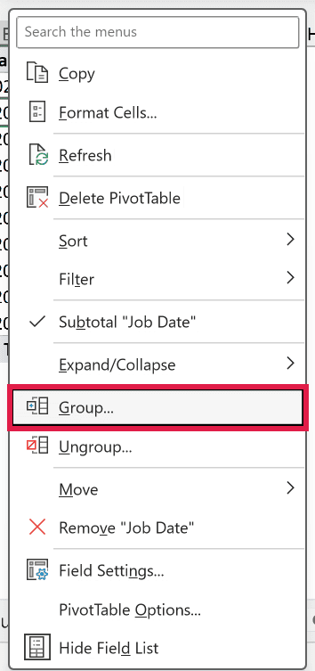 Right-click menu on a PivotTable date with Group highlighted