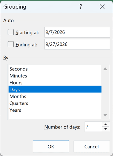 Grouping dialog set to 7-day weeks starting Monday 9/7/2026
