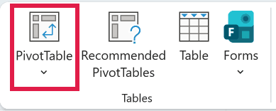 PivotTable button on the Insert tab