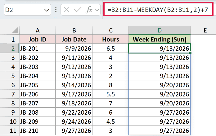 WEEKDAY formula in D2 returning the Sunday each job's week ends on