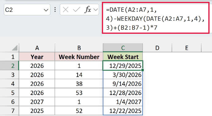 Formula in C2 returning the Monday each ISO week starts on