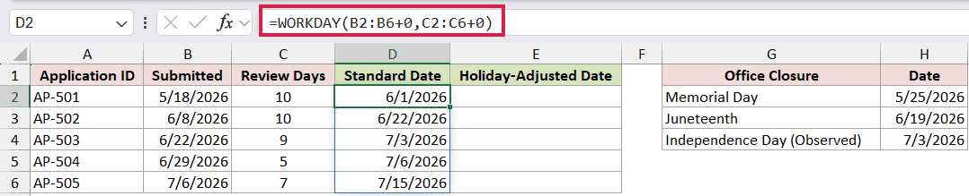 =WORKDAY(B2:B6+0,C2:C6+0) in D2