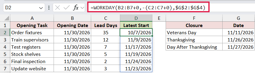 =WORKDAY(B2:B7+0,-(C2:C7+0),$G$2:$G$4) in D2