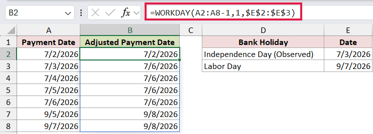 =WORKDAY(A2:A8-1,1,$E$2:$E$3) in B2