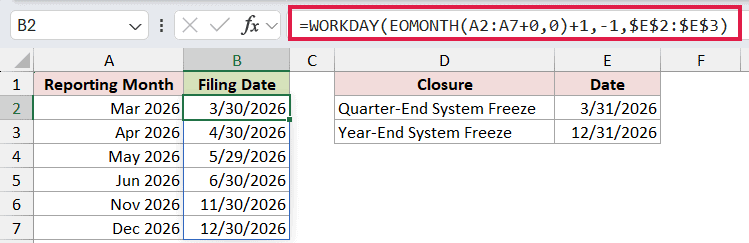 =WORKDAY(EOMONTH(A2:A7+0,0)+1,-1,$E$2:$E$3) in B2