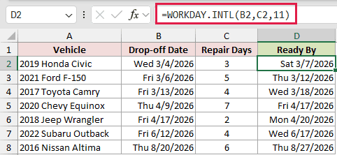 =WORKDAY.INTL(B2,C2,11) in D2