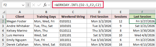 =WORKDAY.INTL(D2-1,E2,C2) in F2