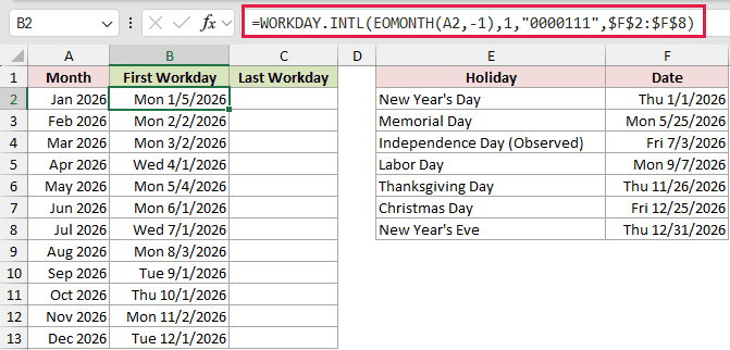 =WORKDAY.INTL(EOMONTH(A2,-1),1,"0000111",$F$2:$F$8) in B2