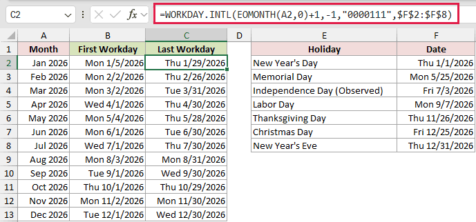 =WORKDAY.INTL(EOMONTH(A2,0)+1,-1,"0000111",$F$2:$F$8) in C2