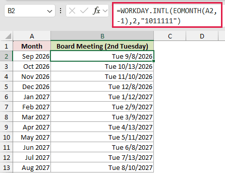 =WORKDAY.INTL(EOMONTH(A2,-1),2,"1011111") in B2