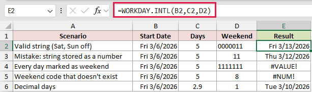 =WORKDAY.INTL(B2,C2,D2) in E2