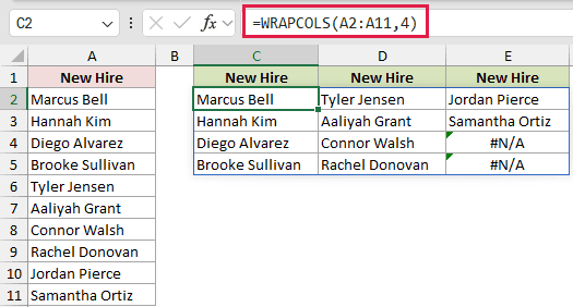 =WRAPCOLS(A2:A11,4) in C2