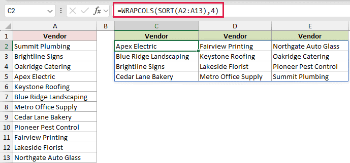 =WRAPCOLS(SORT(A2:A13),4) in C2
