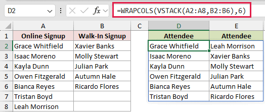 =WRAPCOLS(VSTACK(A2:A8,B2:B6),6) in D2