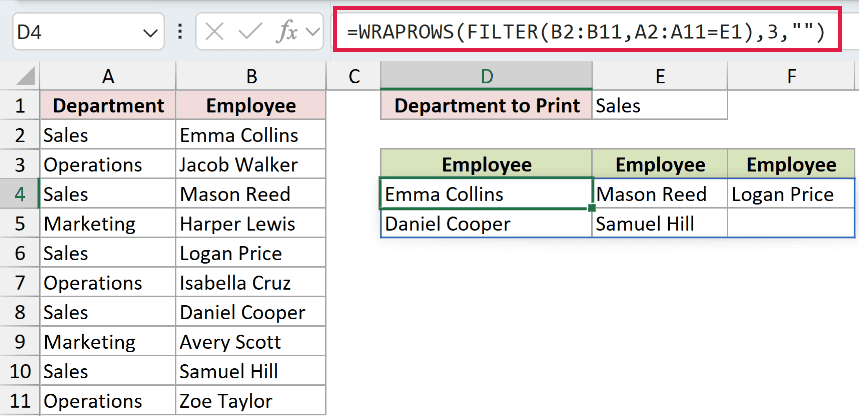 =WRAPROWS(FILTER(B2:B11,A2:A11=E1),3,"") in D4