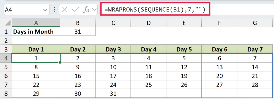 =WRAPROWS(SEQUENCE(B1),7,"") in A4