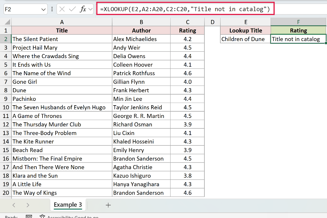 The formula =XLOOKUP(E2,A2:A20,C2:C20,"Title not in catalog") in F2, using the visible title in E2 and returning the custom not-found message.
