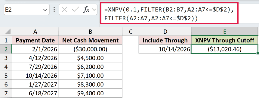 =XNPV(0.1,FILTER(B2:B7,A2:A7<=$D$2),FILTER(A2:A7,A2:A7<=$D$2)) in E2