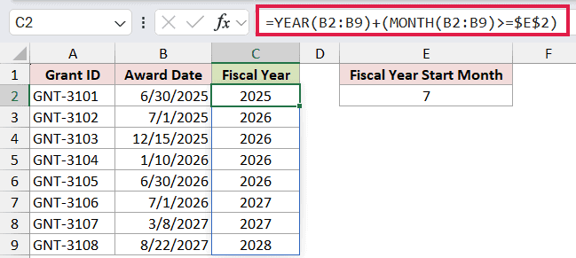 =YEAR(B2:B9)+(MONTH(B2:B9)>=$E$2) in C2