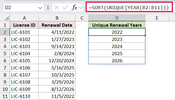 =SORT(UNIQUE(YEAR(B2:B11))) in D2
