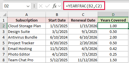 =YEARFRAC(B2,C2) in D2