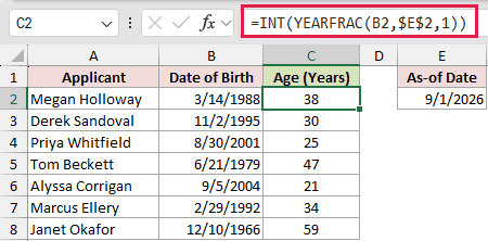 =INT(YEARFRAC(B2,$E$2,1)) in C2