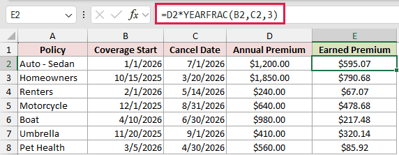 =D2*YEARFRAC(B2,C2,3) in E2