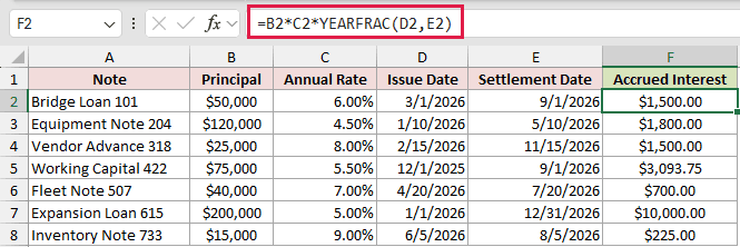 =B2*C2*YEARFRAC(D2,E2) in F2
