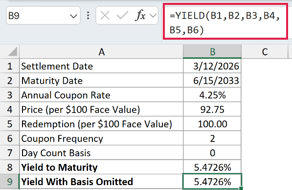 =YIELD(B1,B2,B3,B4,B5,B6) in B9