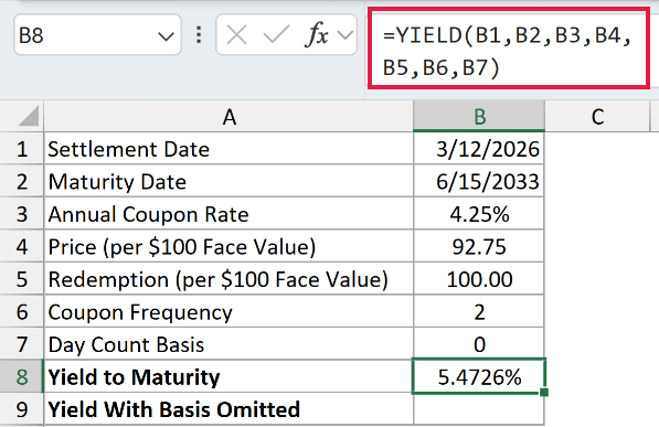 =YIELD(B1,B2,B3,B4,B5,B6,B7) in B8
