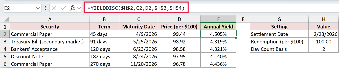 =YIELDDISC($H$2,C2,D2,$H$3,$H$4) in E2