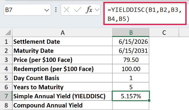 =YIELDDISC(B1,B2,B3,B4,B5) in B7