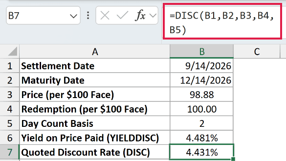 =DISC(B1,B2,B3,B4,B5) in B7