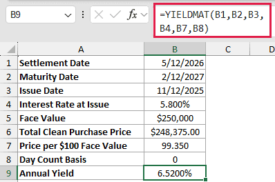 Normalize Price Before Using YIELDMAT: formula in B9 and its calculated results in Excel.