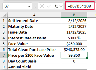 Normalize Price Before Using YIELDMAT: formula in B7 and its calculated results in Excel.