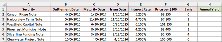 Spill Yields for Several Securities: input data and result placeholders in Excel.